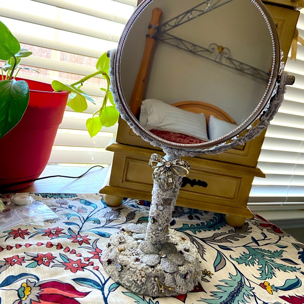 Beautifully Embellished Standing Tabletop Antique Mirror - Picture 13 of 14